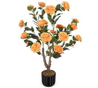 Artificial Camellia Tree 3FT, Fake Outdoor Flower Blooming Plant Potted for Front Door Outdoor Indoor Home Decor (1, Orange)
