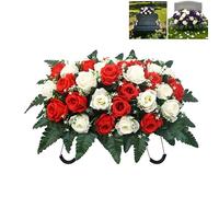 Artificial Cemetery Flowers for Grave, Headstone Flower Saddle with Open Silk Roses, Realistic Grave Decorations for Cemetery Headstones (White+Red)