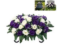 Artificial Cemetery Flowers for Grave, Headstone Flower Saddle with Open Silk Roses, Realistic Grave Decorations for Cemetery Headstones (White+Pink)