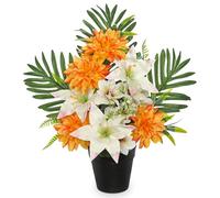Artificial Cemetery Flowers in Pot Funeral Flowers Arrangements48cm Silk Orange & White Potted Lily Dahlia Memorial Flower for Grave Cemetery Headstones Outdoor Decoration