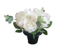 Artificial Cemetery or Grave Pots, Rose Arrangements in Pots, 25cm Height, 12 Roses with Eucalyptus, Multiple Colour Options (White)