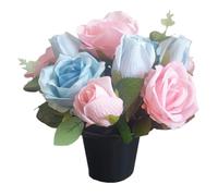 Artificial Cemetery or Grave Pots, Rose Arrangements in Pots, 25cm Height, 12 Roses with Eucalyptus, Multiple Colour Options (Pink/Blue)