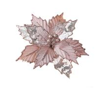 Artificial Christmas Flower with Glitter foliage Design, Fabric Floral Ornament for Tree, Wreath, Garland 24cm Diameter with 15cm Stem(pink)