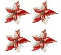 Artificial Christmas Flowers, 4 pcs 28 cm Glitter Ornament for Christmas Tree Wreath Garland Decoration Festive Home Holiday Decor Kids Family(Red)