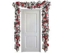 Artificial Christmas Garland, Christmas Garland Decorations 1.5m Realistic Artificial Garland Ornaments Red White Flocking Hanging Garland for Christmas, Christmas Front Door Decorations
