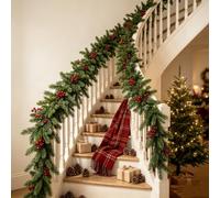 Artificial Christmas Garland with Red Berries, Norfolk Pine Garland Decor | 180cm Real Touch Pine Artificial Faux Greenery Garland for Table, Stairs, Mantle, Indoor, Outdoor Christmas Decorations