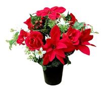 Artificial Christmas Grave Crem Pot Red Poinsettia Roses Small White Flowers Glitter Red Berries Greenery Memorial Cemetery Xmas Premium Flower Arrangement 30cm