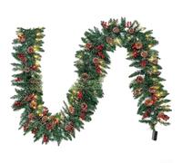 Artificial Christmas Hanging Garland With Vine, Pinecones And Red Berries Enhanced By LED Lights Suitable For Wall Door And Mantel Decoration(C)