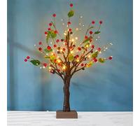 Artificial Christmas Light up Tree Tabletop Mini Xmas Tree with LED Lights,Battery Powered Christmas Indoor Glow Decorations with Red Berry and Green Leaves, Novelty Night Lamp Party Gifts,21.6Inch