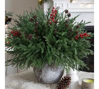 Artificial Christmas Norfolk Pine Stems Branches for Vases,17 Bundles Faux Pine Branches with Pinecones and Red Berries Branches,Fake Greenery Evergreen Real Touch for Holiday Winter Table Xmas Décor