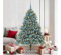 Artificial Christmas Tree, 180cm Green Pre-Lit with 300 Warm White LEDs, Hinged Branches, Durable PVC & Steel Stand, Indoor/Sheltered Outdoor Use