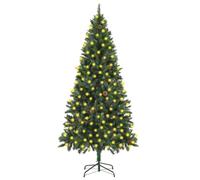 Artificial Christmas Tree, 210 cm Green with 1060 Tips, 300 Warm White LEDs, 36 Pine Cones, Lifelike PVC Imitation Fir Tree, Sturdy Iron Stand, for Festive Decoration