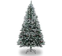 Artificial Christmas Tree, 6ft/180cm Snow Spray Christmas Trees with 1000 Snow Flocked Branch Tips, Red Berries, Metal Stand, Easy Assembly Xmax Tree for Home, Office, Party Decoration