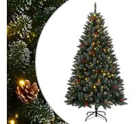 Artificial Christmas Tree Decoration 150 LEDs - vidaXL, PVC, Steel Stand, 150cm, Green/White, 22 Cones & 22 Berries, Hinged Branches, 8 Lighting Modes, USB Powered
