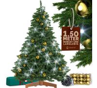 Artificial Christmas tree premium 150cm + baubles gold + fairy lights cold white