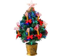 2Ft/60cm Fibre Optic Christmas Tree with Star Topper - LED Lights Candle & Bow Decorations - Pre-Lit Green Artificial Xmas Tree - Multicolor Changing Lights