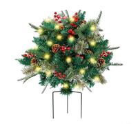 Artificial Christmas Tree Urn Filler Prelit with White LED Lights Offering 8 Lighting Modes and Tripod Stake for Secure Placement in Gardens, Porches, Pathways, or Indoor Use (Red berry)
