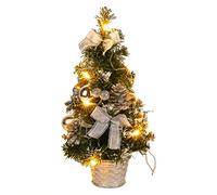 Artificial Christmas Tree with White Snow, 40cm Small Table LED Lights with Bow and Pine Cone for Christmas Table Decorations (C)