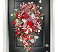 Artificial Christmas Wreath, 50cm Upside Down Tree With Candy Cane Berry, Ball and Bow Tie Ornaments - Teardrop Door Wreath for Winter Holiday Decor (Red, One Size)