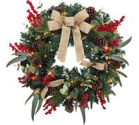 Artificial Christmas Wreath 60cm - Pre-Lit with 35 LED Lights & Timer - Faux Greenery, Red Berries, Pine Cones & Linen Bow - Rustic Battery Operated Holiday Front Door Decoration