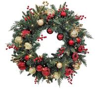 Artificial Christmas Wreath 60cm - Pre-Lit with 35 Warm White LEDs & Timer - Faux Pine Greenery with Red & Gold Baubles & Berries - Battery Operated Holiday Front Door Decoration