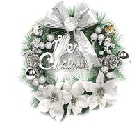 Artificial Christmas Wreath for Front Door, 40cm Xmas Wreath with Bow, Flowers, Pine Cones, Balls for Wall, Fireplace, Window and Xmas Tree Decoration (Silver)