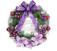 Artificial Christmas Wreath for Front Door, 40cm Xmas Wreath with Bow, Flowers, Pine Cones, Balls for Wall, Fireplace, Window and Xmas Tree Decoration (Purple)