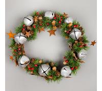 25cm Natural Looking Artificial Leaves, Silver Bells, Pine Cones And Berries Wreath Front Door Hanging Christmas Decorations Xmas Wedding Decorative Garland