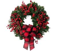 Artificial Christmas Wreath with Red Berries and Black Red Checkered Ribbon, Lushs Pine Needle Door Wreath for Holiday Home Decor 16 Inch, Christmas Wreaths for Front Door