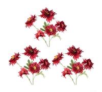 Artificial Chrysanthemum Flowers with Flame Profile Pack of 3 for Coffee Table Styling Bookshelf Layers and Bedroom Nightstand Decor (Red)