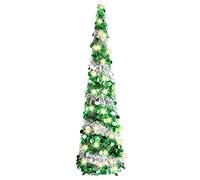 Artificial Collapsible Tinsel Christmas Trees with Lights, 5ft/1.5m Pop Up Pencil Christmas Trees, Glittering Sparking Xmas Decoration Tree with Stand (Green Silver)