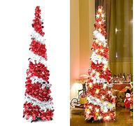 Artificial Collapsible Tinsel Christmas Trees with Lights, 5ft/1.5m Pop Up Pencil Christmas Trees, Glittering Sparking Xmas Decoration Tree with Stand (Red White)