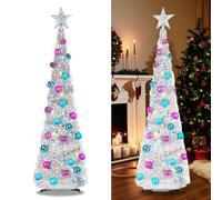 Artificial Collapsible Tinsel Christmas Trees with Lights and 30 Colour Balls, 5ft/1.5m Pop Up Pencil Christmas Trees, Glittering Sparking Xmas Decoration Tree with Stand (Silver with balls)