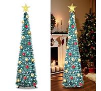 Artificial Collapsible Tinsel Christmas Trees with Lights and 30 Colour Balls, 5ft/1.5m Pop Up Pencil Christmas Trees, Glittering Sparking Xmas Decoration Tree with Stand (Blue with balls)
