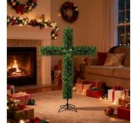 Artificial Cross Wreath with LED Lights & Silk Scarf, Christmas Tree Decoration, Wood Rattan Ring for Winter Altar Cemetery Memorial, Holiday Door Wall Fireplace Hanging Swag (180cm)