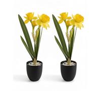 Artificial Daffodil Plant in Black Pot, Yellow Flowers with Green Leaves, Decorative Faux Floral Arrangement, 2 Pack