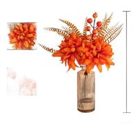 Artificial Dahlia Flower Arrangement with Vase, Realistic Silk Persian Leaf Bouquet for Home Decor, Wedding Centrepiece, Tabletop Display, Orange