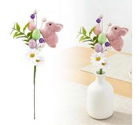 Artificial Easter Picks, with Pastel Glitter Egg, Flowers & Rabbit, Colorful Berries Leaves Spring Floral for Centerpiece Easter Celebration Home Vase Decor (Pink 1pcs)