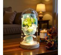 Artificial Eternal Roses in Glass Dome - 7 Silk Flowers with LED Lights, Solid Wood Base | Birthday Gifts for Mum, Grandma, Women | Elegant Anniversary & Home Decor (Upgraded Secure Packaging)