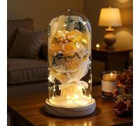 Artificial Eternal Roses in Glass Dome - 7 Silk Flowers with LED Lights, Solid Wood Base | Birthday Gifts for Mum, Grandma, Women | Elegant Anniversary & Home Decor (Upgraded Secure Packaging)