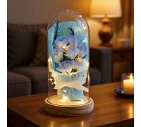 Artificial Eternal Roses in Glass Dome - 7 Silk Flowers with LED Lights, Solid Wood Base | Birthday Gifts for Mum, Grandma, Women | Elegant Anniversary & Home Decor (Upgraded Secure Packaging)