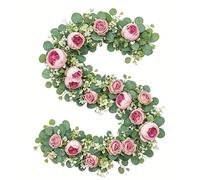 Artificial Eucalyptus Flower Garland, 2 PCS 6FT Fake Rose Flower Hanging Vine with Seeded Eucalyptus Leaves for Home Wedding Table Party Decor (Pink Purple)