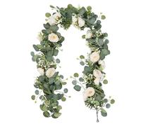 Artificial Eucalyptus Garland, 5.9FT/180cm Faux Silver Dollar Foliage Greenery Vines Fake Leaves White Flowers Hanging Ivy Garlands