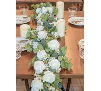Artificial Eucalyptus Garland, Floral Greenery with White Roses and Baby's Breath for Wedding Backdrop and Table Decor