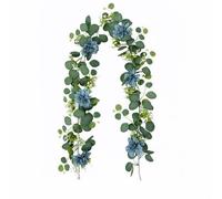 Artificial Eucalyptus Garland with Blue Flowers, 5.9 Ft Faux Greenery Vine for Mantle Wedding Table Decoration, Hanging Green Leaf Swag for Indoor Outdoor