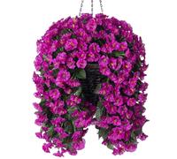 Artificial Fake Fall Hanging Flowers Plants Basket for Outdoor Autumn Winter Decor, Faux Silk UV Resistant Look Real Fuchsia Morning Glory Long Stems in Planter for Outside Porch Patio Balcony Home