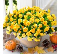 Artificial Fake Flowers Plants for Fall Outdoor Outside Decor, Faux Silk Yellow Camellia UV Resistant Realistic for Planter Front Door Porch Patio Balcony Decoration, 3 Large Bundles