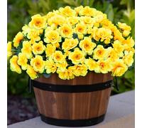 Artificial Fake Flowers Plants for Fall Outdoor Outside Decor, Faux Silk Yellow Camellia UV Resistant Realistic for Planter Front Door Porch Patio Balcony Decoration, 3 Large Bundles