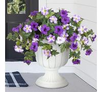 Artificial Fake Flowers Plants for Outdoor Decoration, 2PCS Faux Petunias Silk Flower UV Resistant No Fade Floral for Home Outside Garden Balcony Yard Porch Realistic Indoor Decor (Purple White)