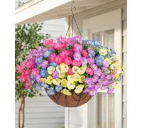 Artificial Fake Hanging Flowers Baskets for Outdoors Faux Plants Spring Outside Decor, UV Resistant Silk Morning Glory Flowers in Planter Realistic Petunias for Outdoor Porch Patio Garden Yard Home